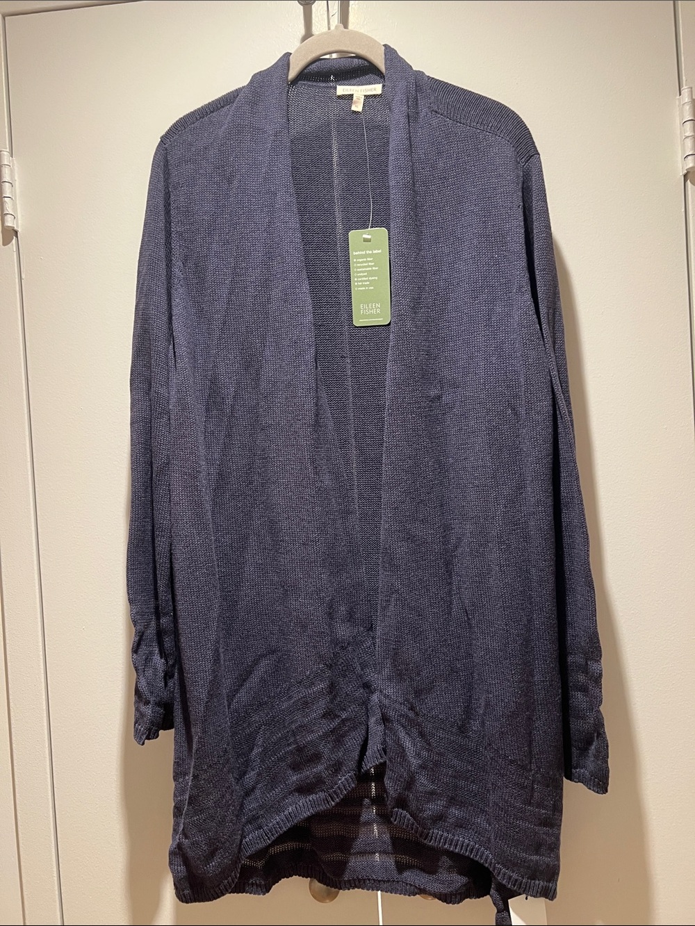 Eileen Fisher twilight angled front cardigan in organic cotton sheer stripe